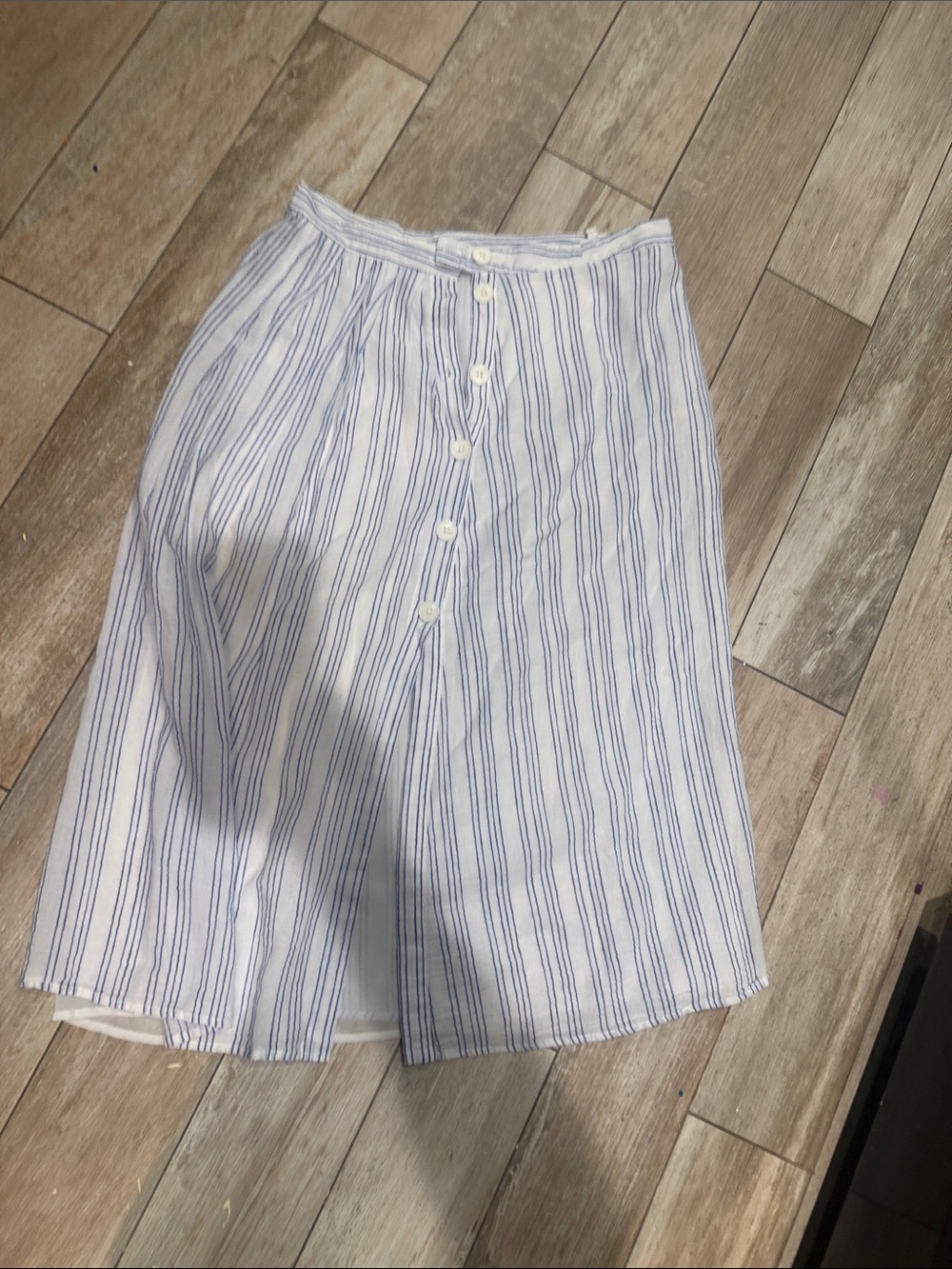 Avec Les Filles White and Blue Striped Midi Button Front Skirt